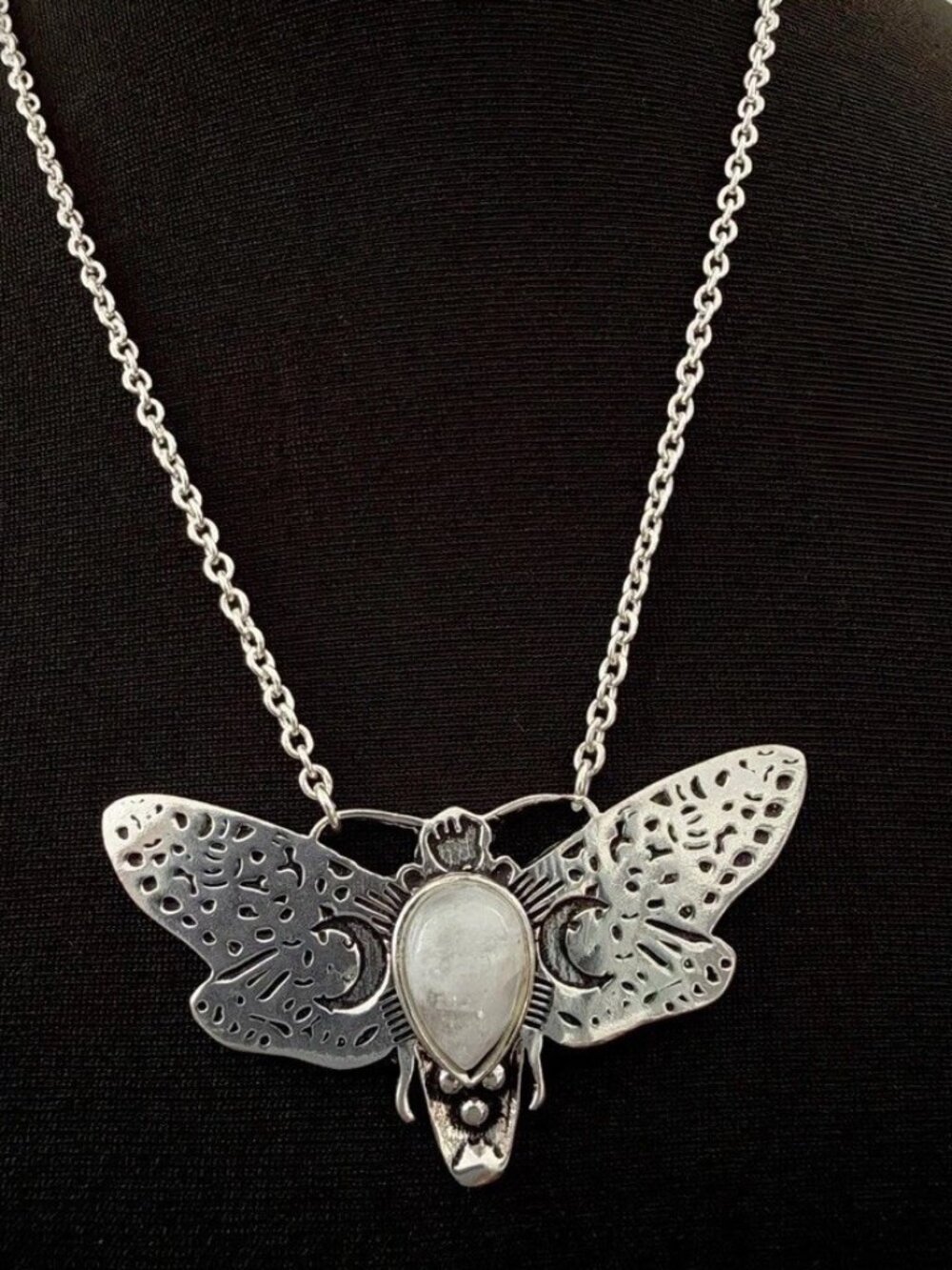 925 Sterling Silver Moonstone Moon Moth Pendant Necklace jewelry